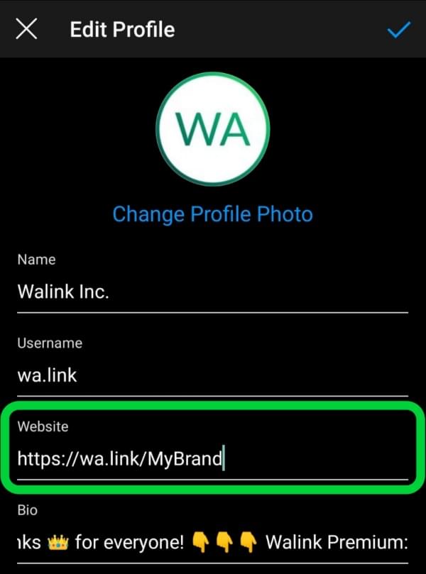 WhatsApp link on Instagram bio